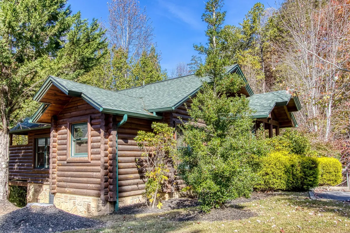A tranquil scene highlighting the log cabin structure with a green roof, surrounded by lush foliage. The garden and open space hint at serene nature walks and a peaceful setting for both people and pets to explore and unwind together.