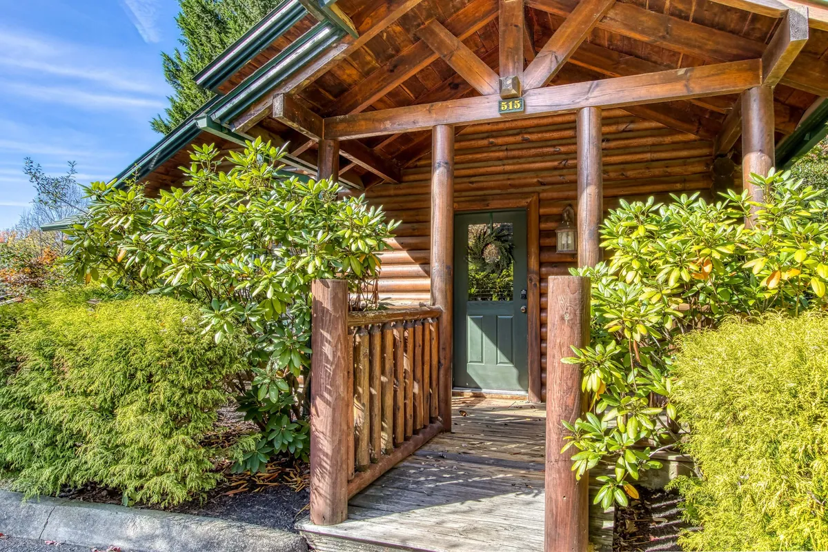 A welcoming log cabin porch with a green door, wooden structure, and lush greenery all around. The porch features space for guests to gather, sit, and enjoy the natural surroundings, with sunlight filtering through the trees.